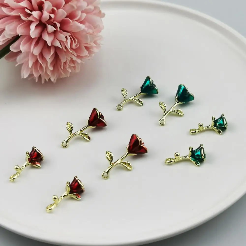 Enamel Rose Charms Oil Drop Red Rose Flower Pendants For Wedding Diy Jewelry Finding Earring Hair Floating