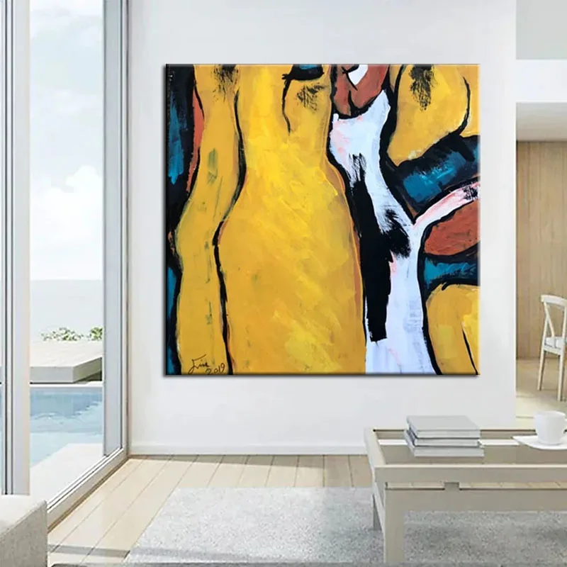 

100% ручная роспись, желтая абстрактная картина маслом, настенные художественные картины для дома, акриловые на холсте для гостиной, украшени...
