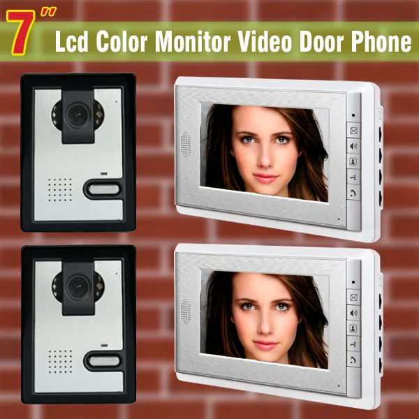 

7" video door phone intercom system 2-night vision Camera + 2 Monitor video doorbell doorphone kit for villa home office