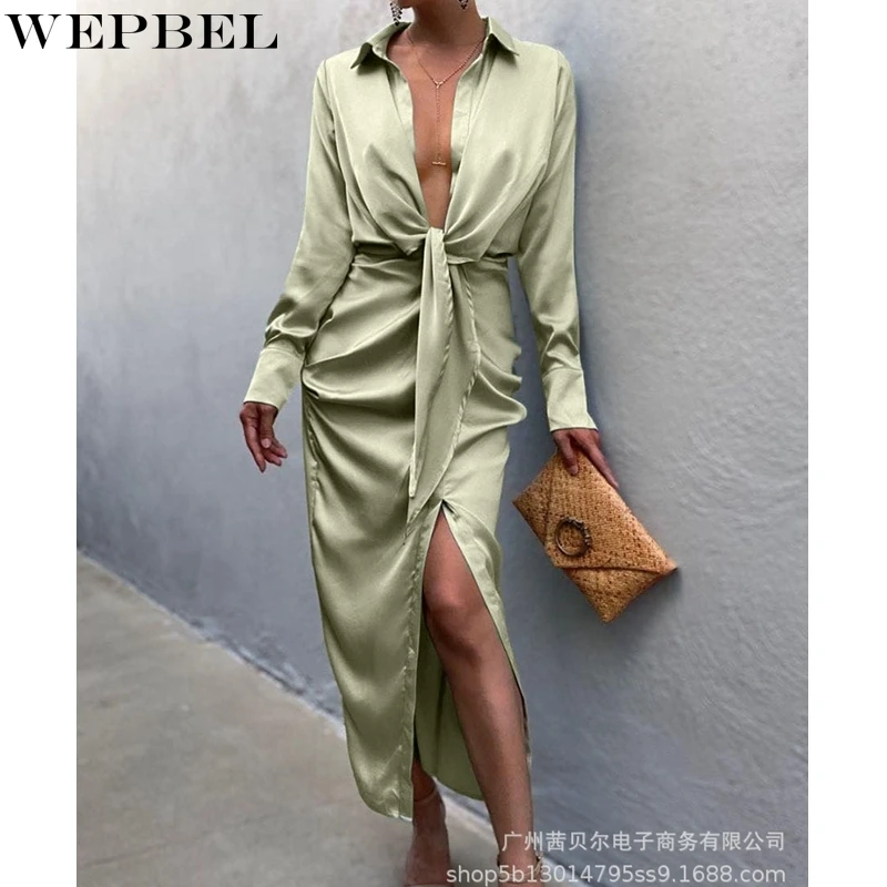 

WEPBEL Dress Women's Casual Solid Color Lace-up High Waist Dress Autumn Slim Long Sleeve Turn-down Collar Slit Irregular Dress
