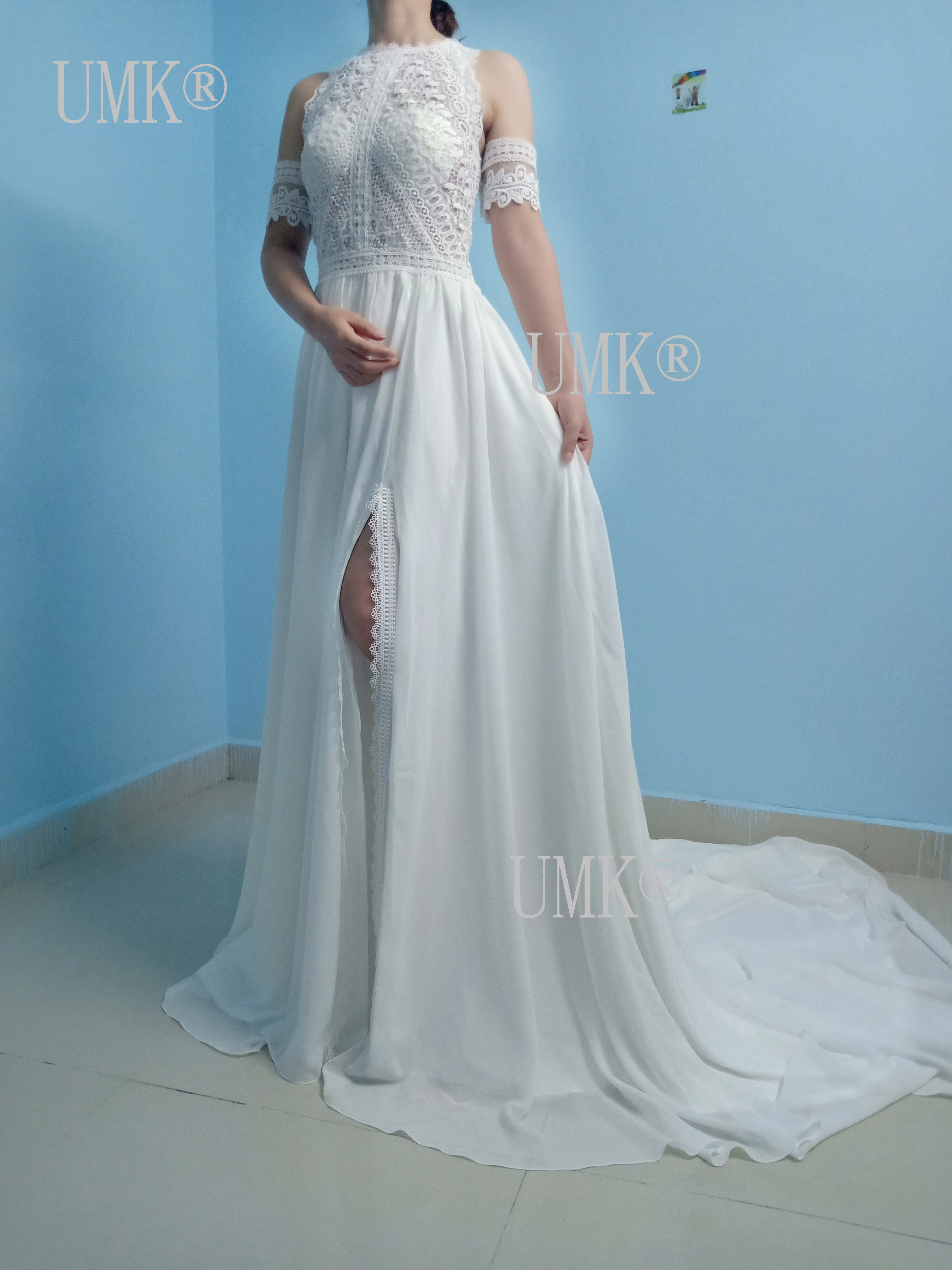 UMK сексуальное прозрачное кружевное свадебное платье в стиле бохо шифоновые