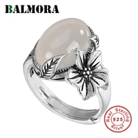balmora real 990 pure silver chalcedony flower open stacking ring for women mother lover retro statement fashion jewelry anillos