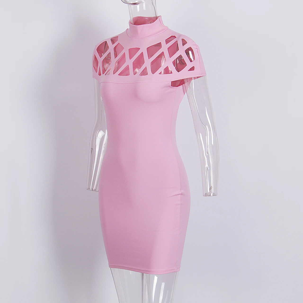 

Womens Casual Caged Sleeve Dress Personality Solid Color Hollow Choker Collar High-waist Skinny Dress