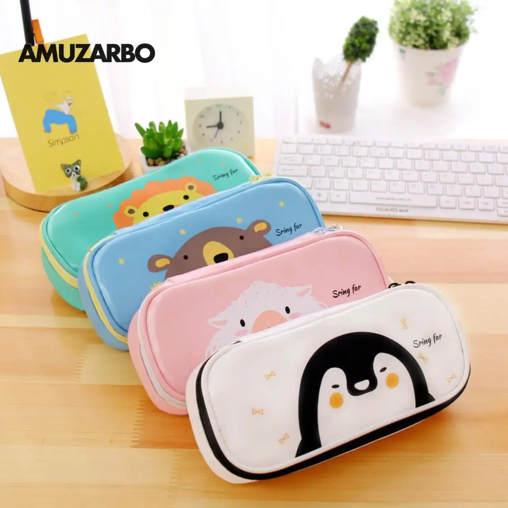 Мультяшные пеналы Kawaii Green Lion Penguin чехол для ручки из ПУ водонепроницаемый большой