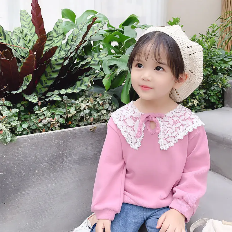 

Children's top spring autumn new lace lapel lapel baby girl long-sleeved sweater fashion lace pure cotton casual girl sweatshirt