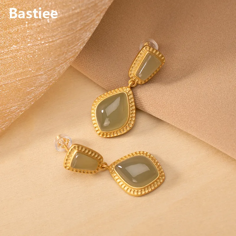 Bastiee Jade Gold Stud Earrings For Women 2021 Silver 925 Jewelry Luxury Korean Earrings Gold Plated Geometric