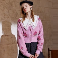 cute women v neck floral jacuqard sequins cropped cardigan pink sweater jacket 2021 women clothing knitwear
