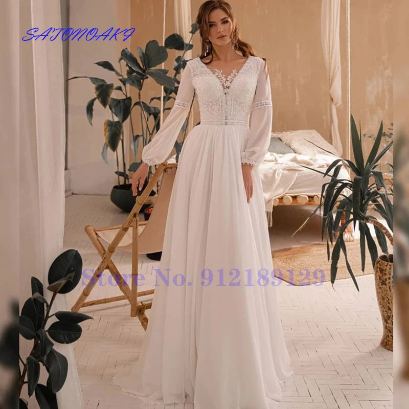 

Vestidos De Novia Boho Chiffon Wedding Dress 2022 A-Line V-Neck Lace Appliques Long Sleeves Bride Gown Backless Robe Mariée