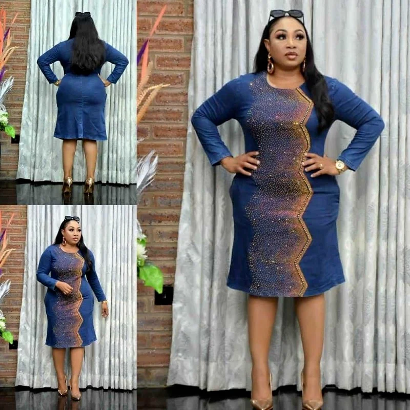 Большой Размеры 5XL Модные женские джинсовые горячей бурения платье Элегантная