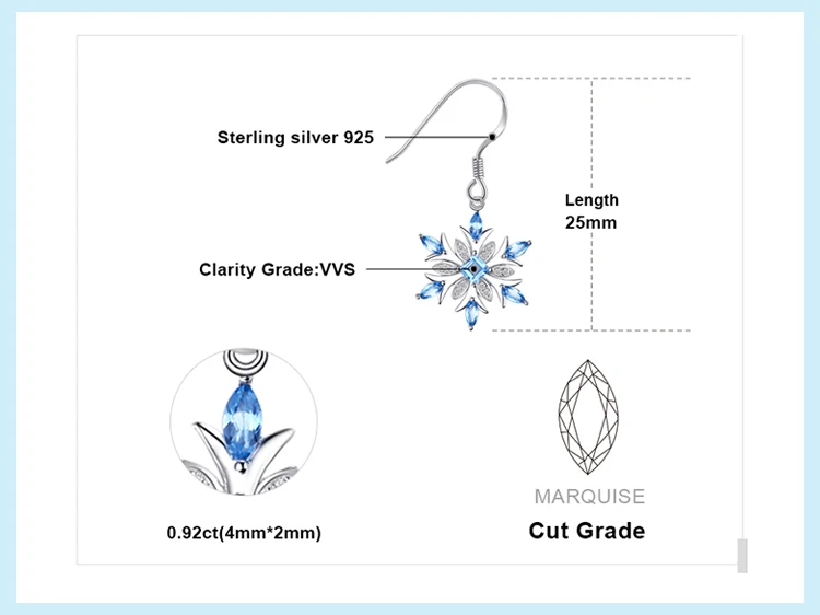 JewelryPalace продвижение 1.54ct натуральный голубой топаз длинные висячие серьги 925 пробы серебро снежинка модные украшения для женщин
