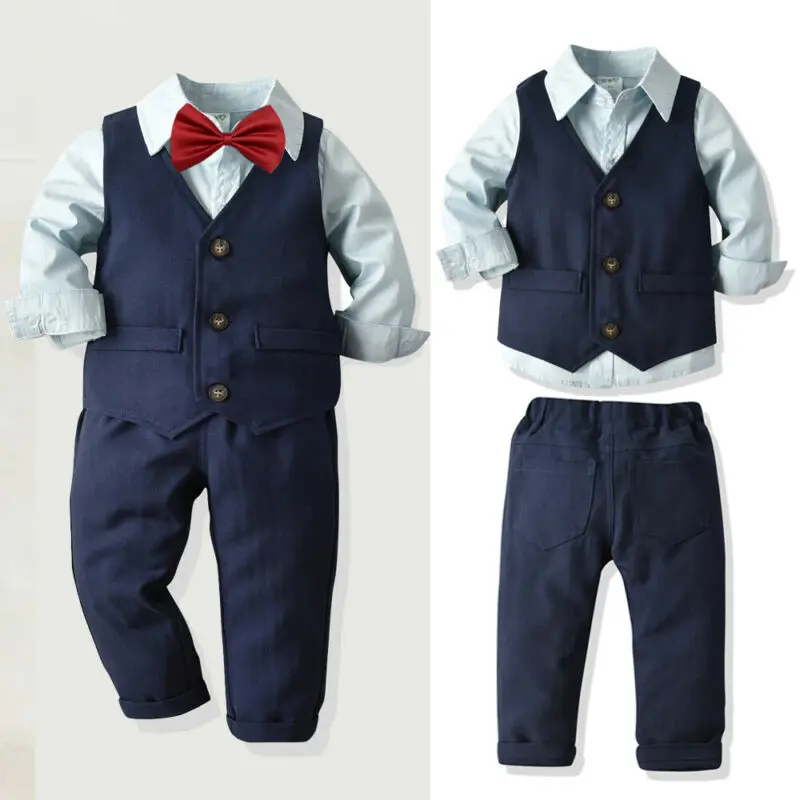 4pcs Kids Baby Clothes Boys Sets Solid Shirts Tops+Vest+Pants Wedding Tuxedo Formal Dressy Suit | Детская одежда и обувь