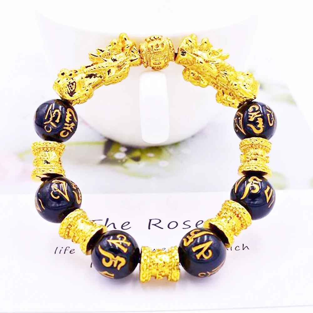 14 мм фэн шуй черный обсидиан сплав богатство браслет качество оригинальный