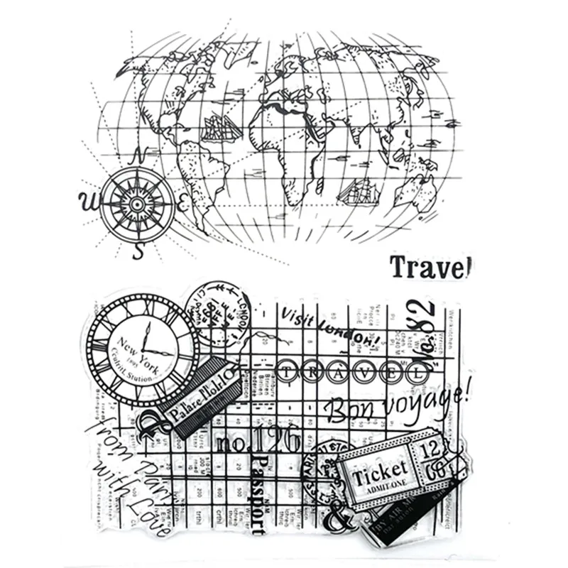 

Cling Stamp Global Travel Map Ticket Train Transparent Scrapbooking DIY Card Ink Painting Seal Stencil Making Postercard Album