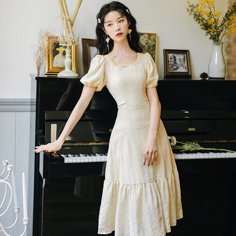 

2020 new fashion women's clothing Vintage dresses Square Collar dress women