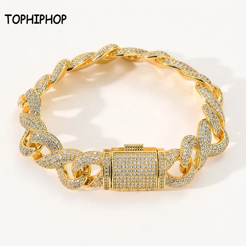 

TOPHIPHOP 15mm Box Buckle Cuban Chain Bracelet Copper Micro-inlaid Zircon Hip Hop Bracelet Cubic Zirconia Men's Jewelry Gift