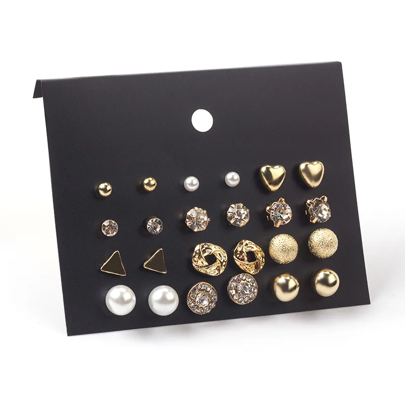9 Pairs/set Gold Silver Crystal Earrings Set Women Female Round Small Geometric Piercing Earrings for Party Gift Wholesale