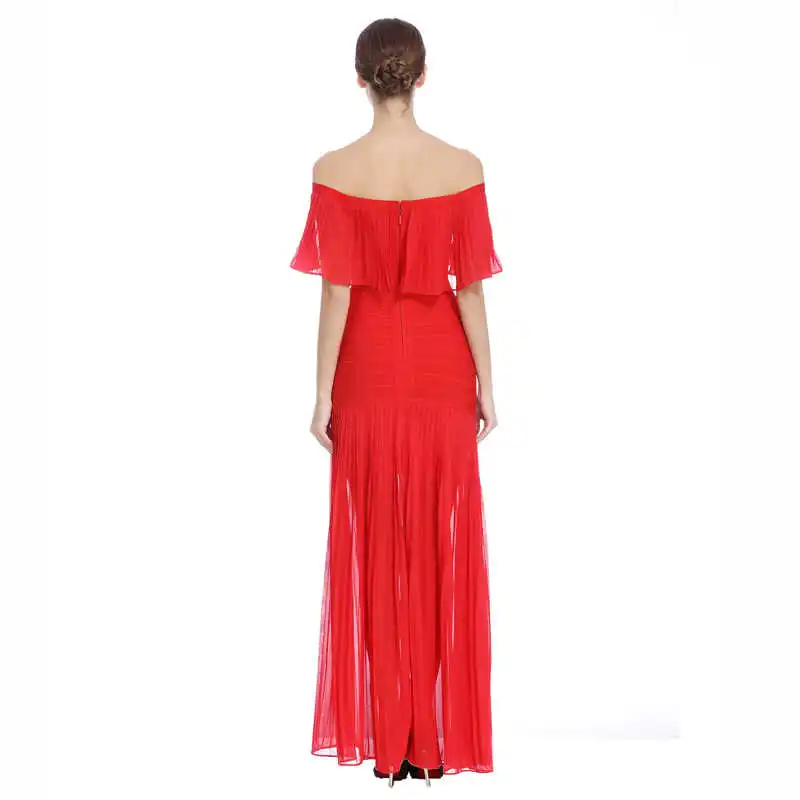 

Women's dress one line shoulder lotus leaf edge dress elastic bandage mesh dress