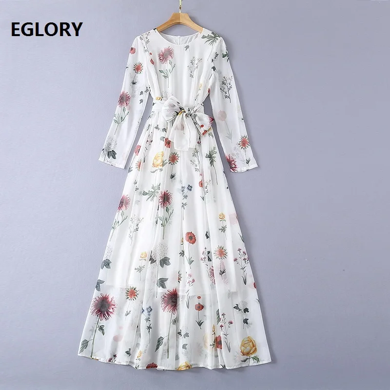 

White Long Dress 2021 Spring Summer High Quality Chiffon Women Elegant Flower Print Long Sleeve Casual Bohemian Maxi Dress XL