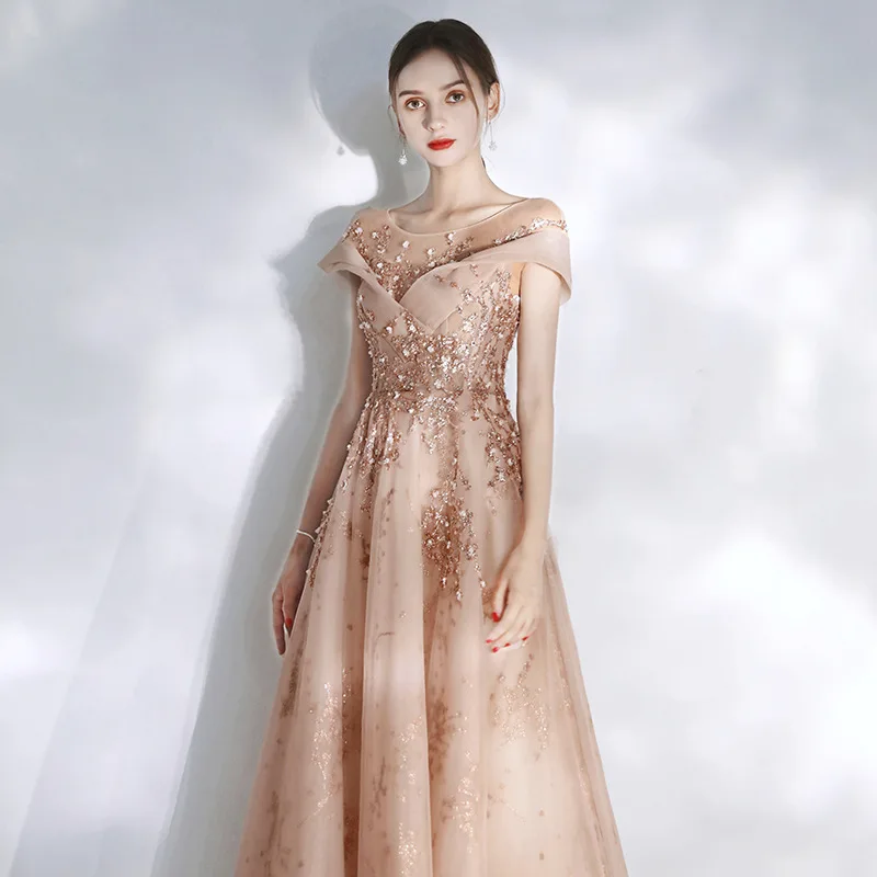 

Women Round Neck Lacing Up Formal Party Gowns Robe De Soiree Luxury Sexy Sparkly A-line Tulle Evening Dresses