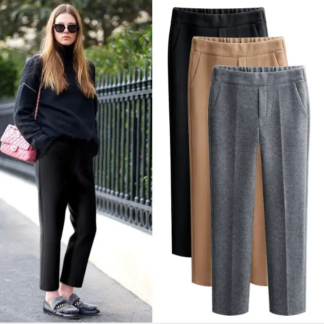 

2019 Autumn Women Elastic Woolen Pant Female Harem Pants Winter Pants Casual High Waist Loose Trousers Plus Size S-6XL