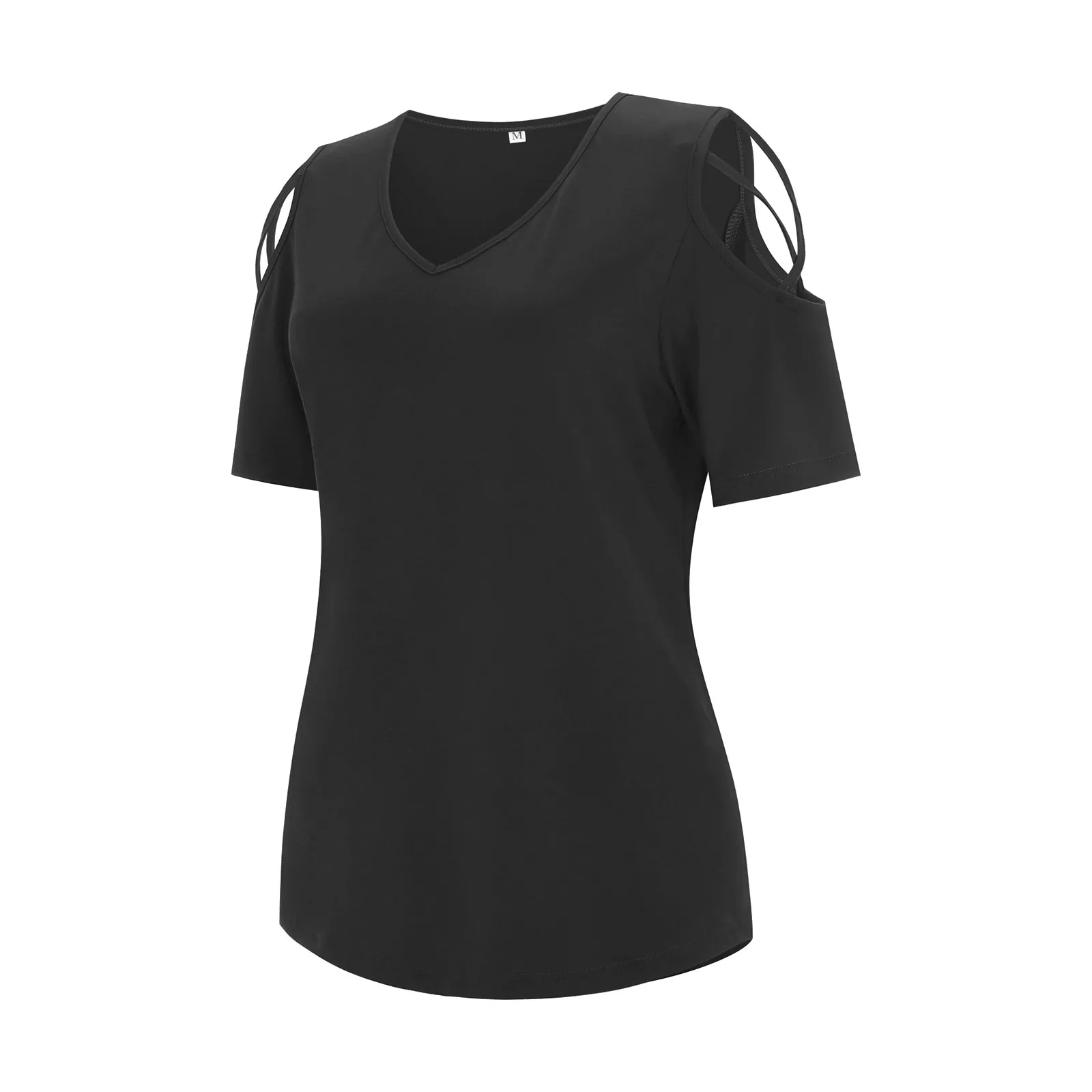 

40# Elegant V Neck Women's Blouse Cold Shoulder Strappy Women Blouse Solid Color Short Sleeve Summer Shirt 2021