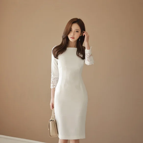 Женское кружевное лоскутное белое офисное платье весна осень 2019 однотонное