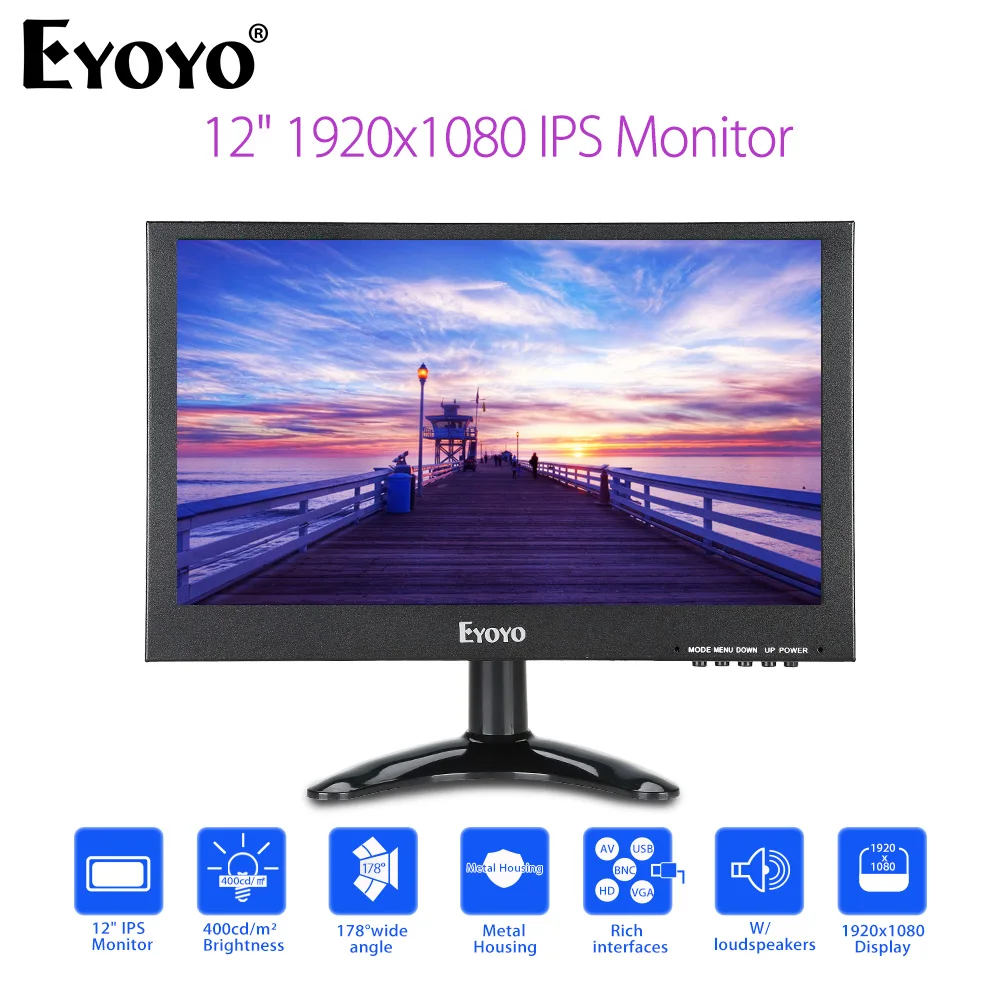 EYOYO EM12G 12 дюймов IPS компьютерный ТВ монитор FHD 1920x1080 ЖК экран с VGA BNC AV USB Specker для ПК CC