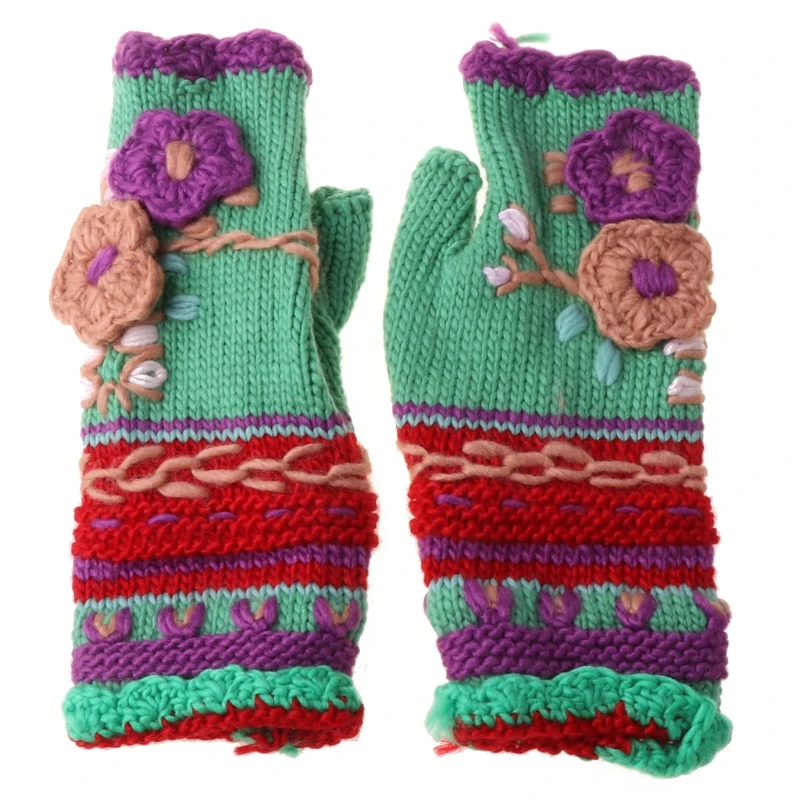 

Women Vintage Multicolor Knit Fingerless Gloves Crochet Floral Thumbhole Mittens T5UF