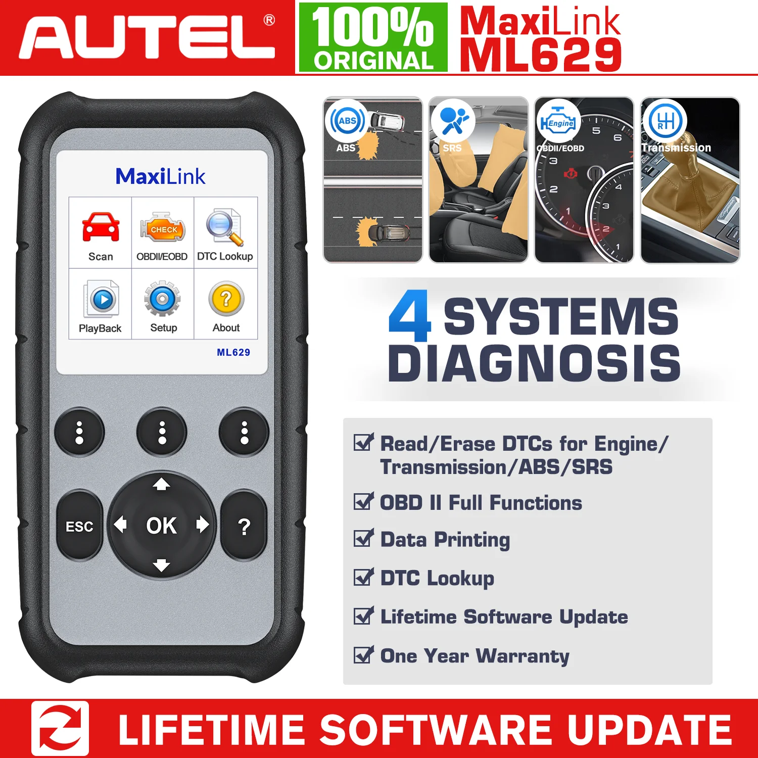 Сканер Autel MaxiLink ML629 Расширенный CAN OBD2 сканер с ABS SRS диагностический инструмент для