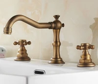 vintage retro antique brass deck mounted dual handles widespread bathroom 3 holes basin faucet mixer water taps man026