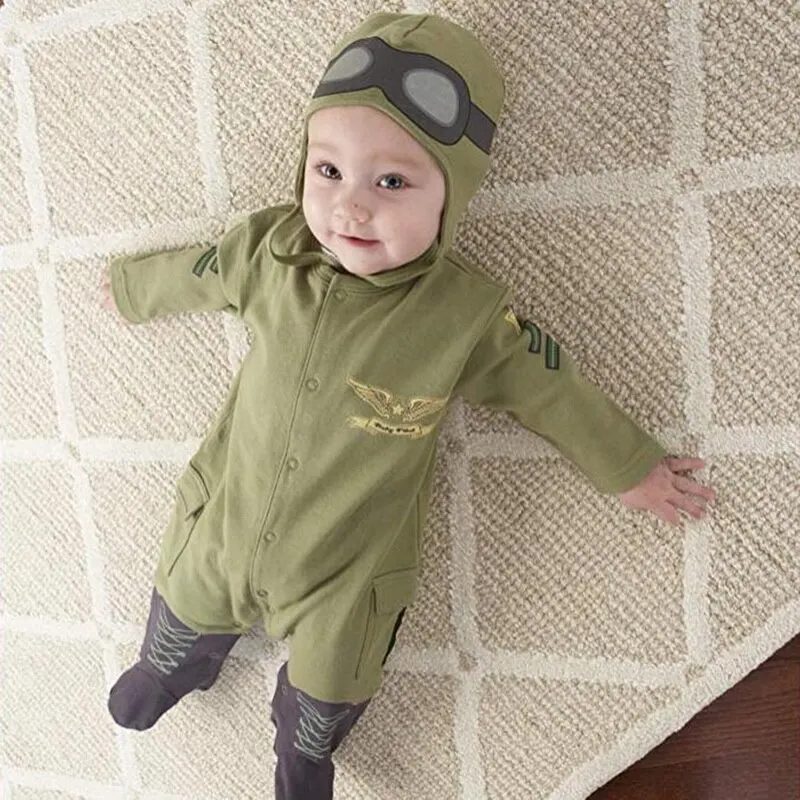 Oeak Airman/Детские комбинезоны+ шапочка; Одежда для мальчиков; комбинезоны для новорожденных; комбинезоны; Roupas; костюмы зеленого цвета; топы