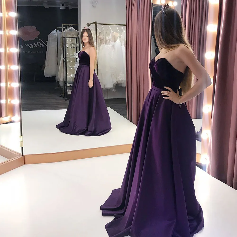 

Elegant Velvet Evening Dresses Long 2021 Simple Sweetheart Prom Gown Purple Satin Vintage With Pockets robe de soire de mariage