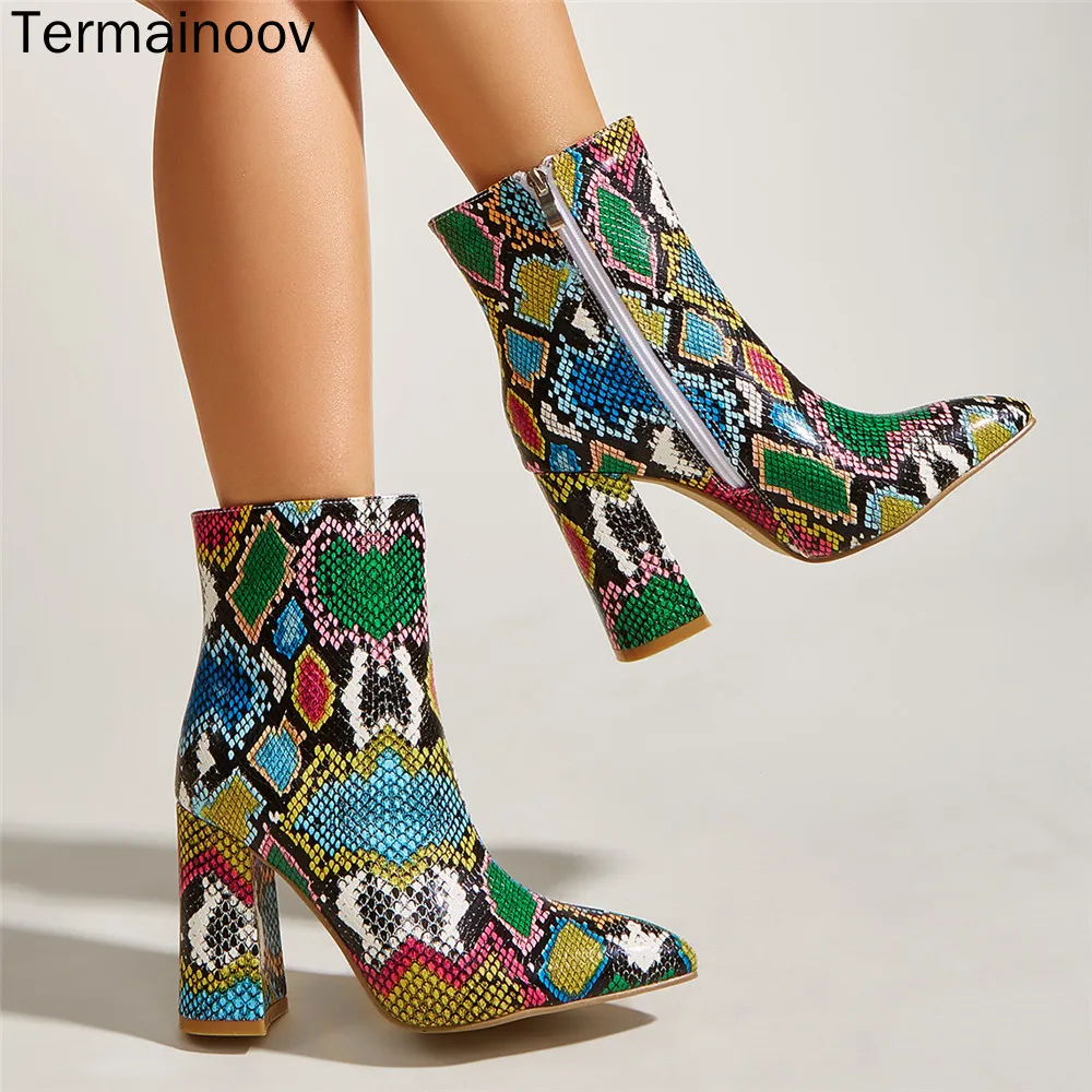 

Termainoov New Women Boots High Heels Round Toe Zipper Chunky Patent Leather Short Boots Winter Boot Martin Boots