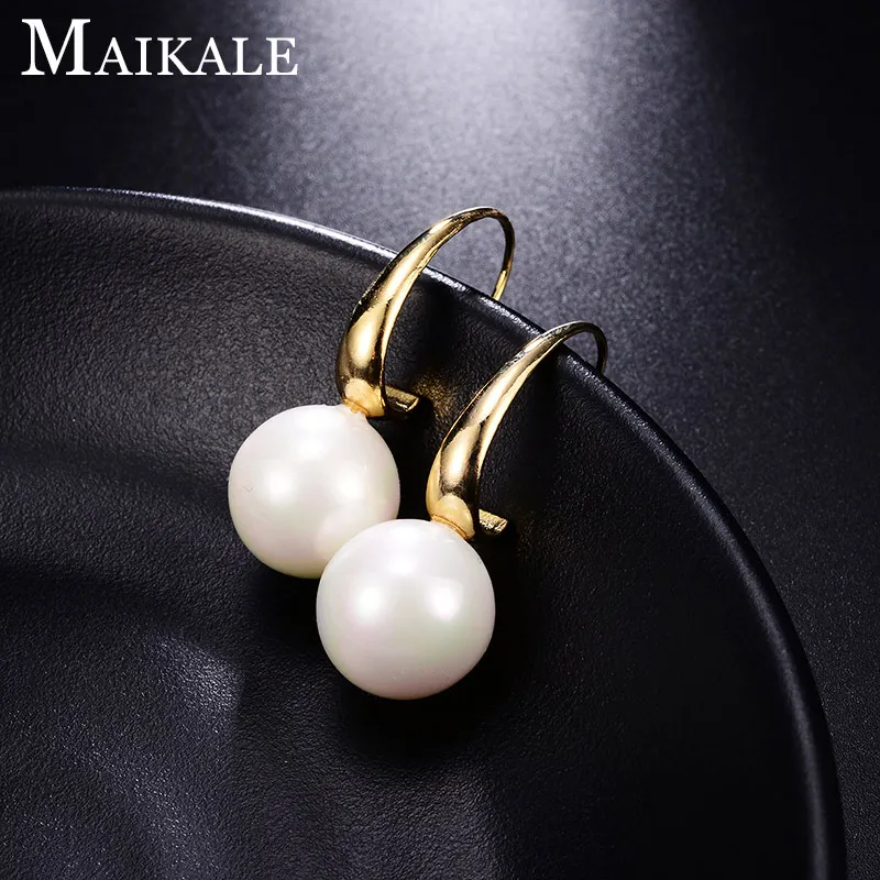 Gold 16mm MAIKALE, классические серьги-гвоздики с пресноводным жемчугом для женщин, золотые, серебряные, Цветные Висячие серьги с жемчугом, Простые Ювелирные изделия, подарки - Окраска металла: Gold 16mm