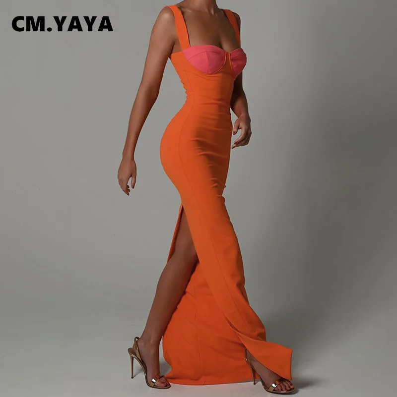 Женское облегающее платье миди CM.YAYA на бретелях-спагетти с высоким разрезом