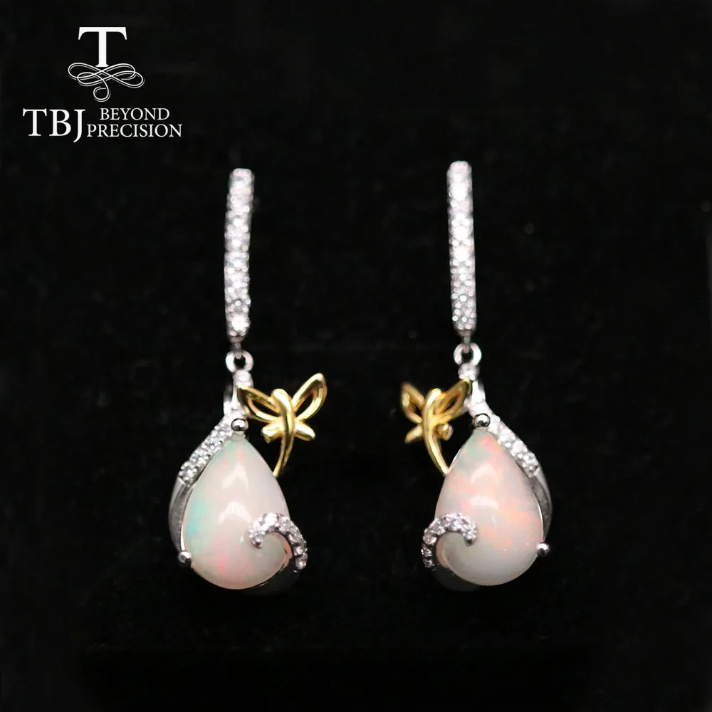 

TBJ, 100% Natural Ethiopia Opal gemstone earring pear 9*13mm 7ct real opal jewelry 925 sterling silver for women mom gift