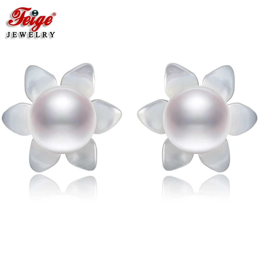 Elegant Shell Carved Flowers 3 Colors Natural Cultured Pearl 925 Silver Stud Earring for Women Gifts Fashion Jewelry FEIGE