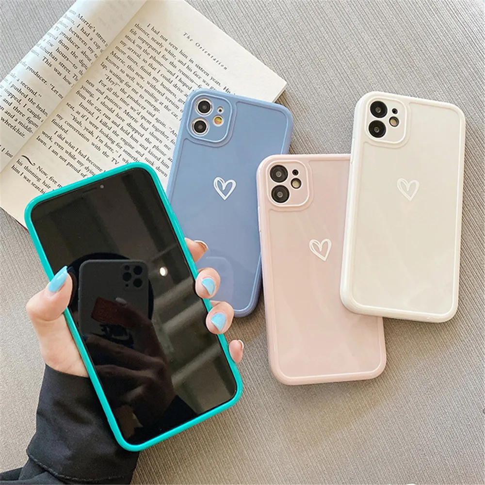 

Candy Solid Color Love Heart Phone Case For iPhone 12 Mini 11 Pro Max X XR XS Max 7 8 SE2 Camera Protection Soft TPU Back Cover