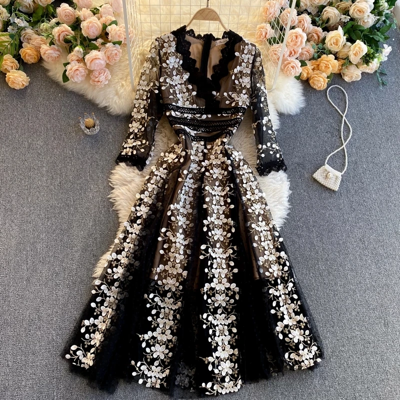 High-end Runway Fashion Autumn Party Dresses Spring Women Sexy Lace V-Neck Embroidery Vintage Polka Dot Mesh Long Dress Vestidos | Женская