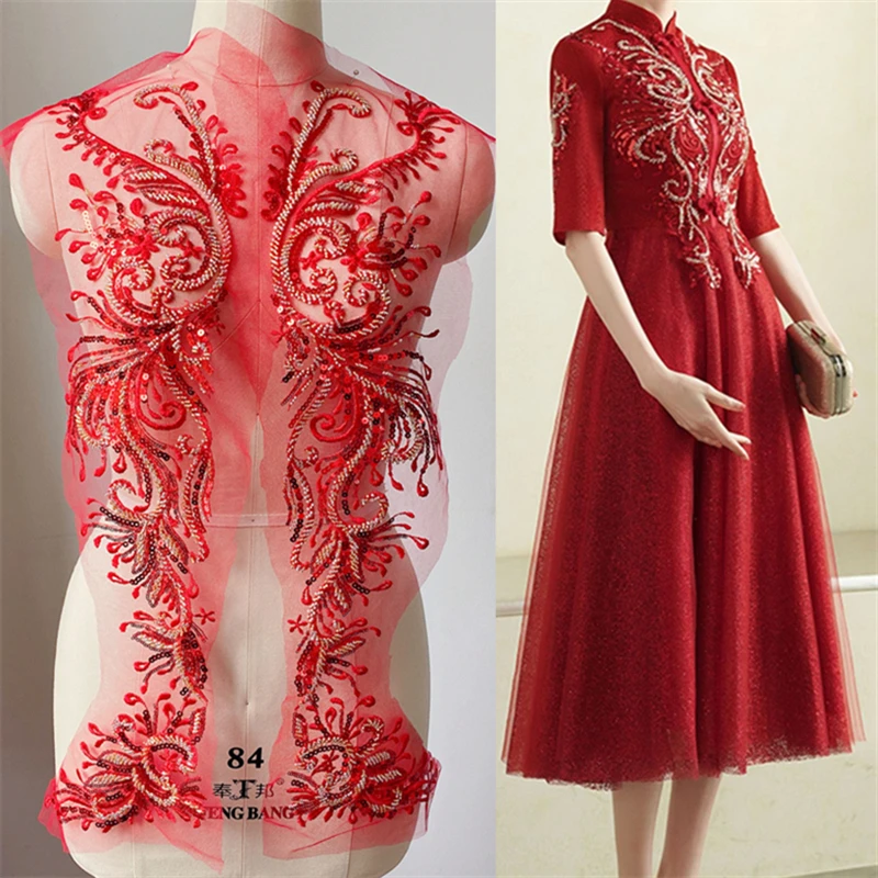 

Red evening dress Gold Bead Flower embroidered Sequin beading oversized applique