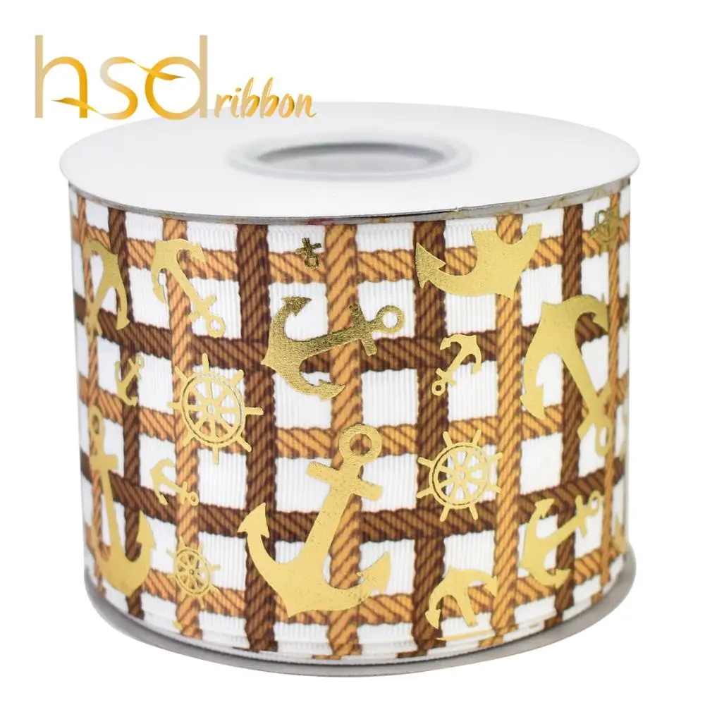 HSDRibbon 75 мм 3 дюймов hsd-дизайн на заказ с принтом &quotякорь&quot Цвета: золотистый