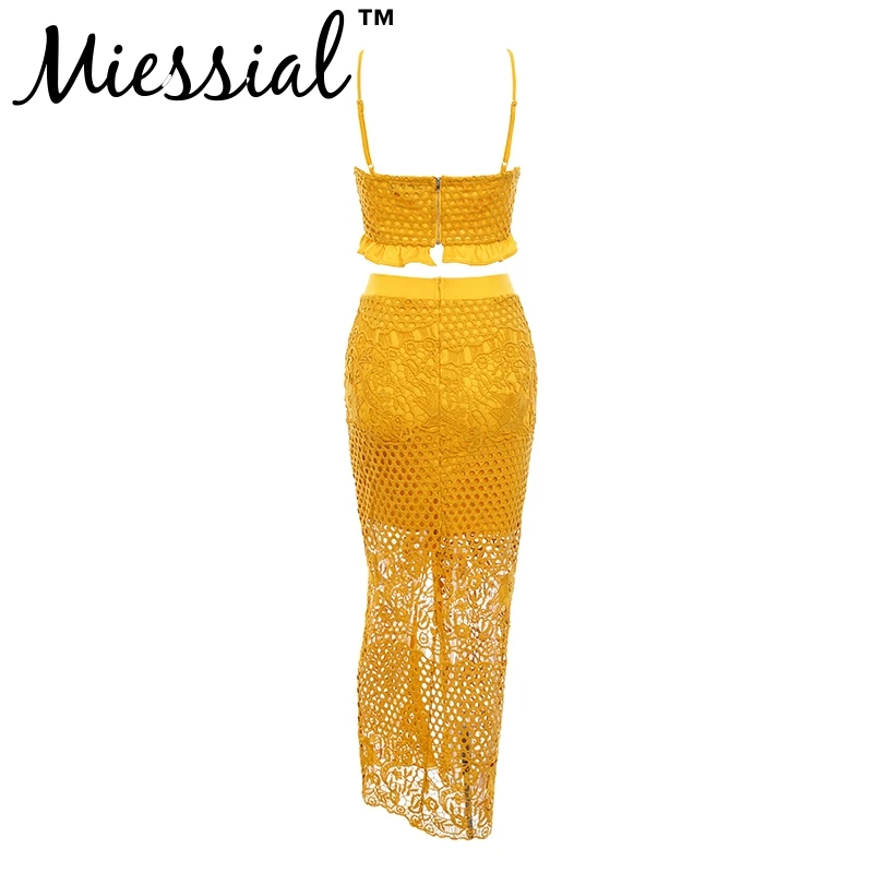 Miessial, сексуальный костюм из двух частей, кружевное, облегающее, желтое платье, женское, белое, с отверстиями, Осенние, женские, вечерние, для клуба, элегантное, макси платье, зима