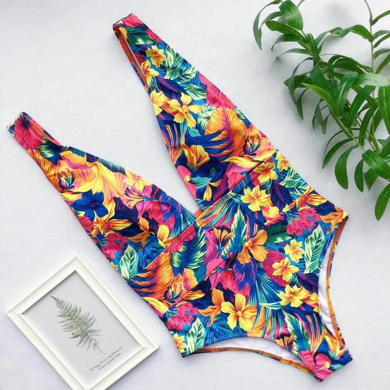 floral print Женский купальник с v-образным вырезом, сдельный купальник,, сексуальный женский купальный костюм, монокини с пуш-ап, Одноцветный, с высокой талией, с открытой спиной, цельный костюм - Цвет: floral print