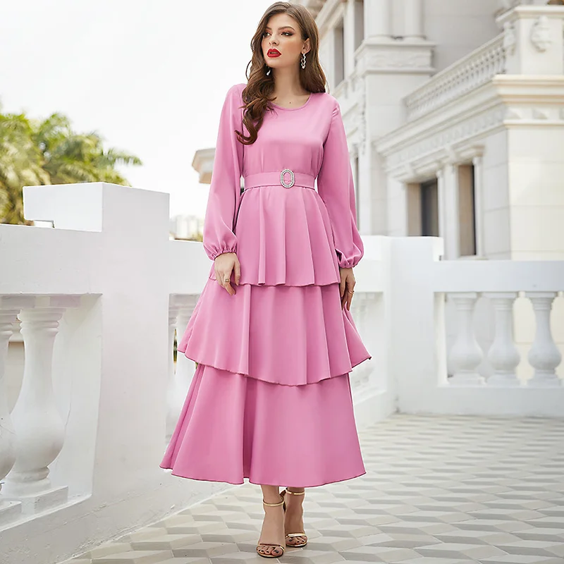 Модное женское платье Рамадана, розовое египетское мусульманское вечернее платье, Свободное длинное кимоно Дубая