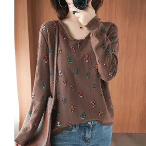 Новинка 2020 весна осень женский свободный пуловер с длинным рукавом и v-образным вырезом винтажный принт Повседневный хлопковый вязаный свитер размера плюс M454