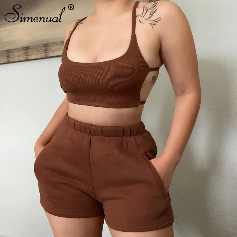 

Simenual Backless Camis And Shorts Loungewear Set Clothes Vendors For Women Sporty Ribbed Fashion Casual Strap 2 Piece Tracksuit