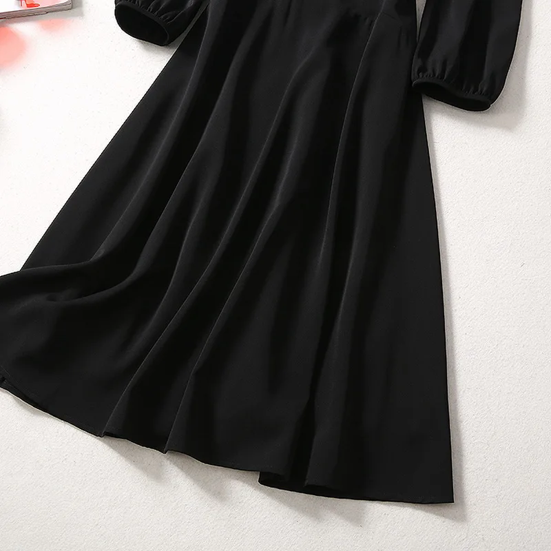 

Quality Designer High Dress 2021 Spring Style Women Turn-down Collar Cute Birds Embroidery 3/4 Sleeve Mid-Calf Black Dress OL