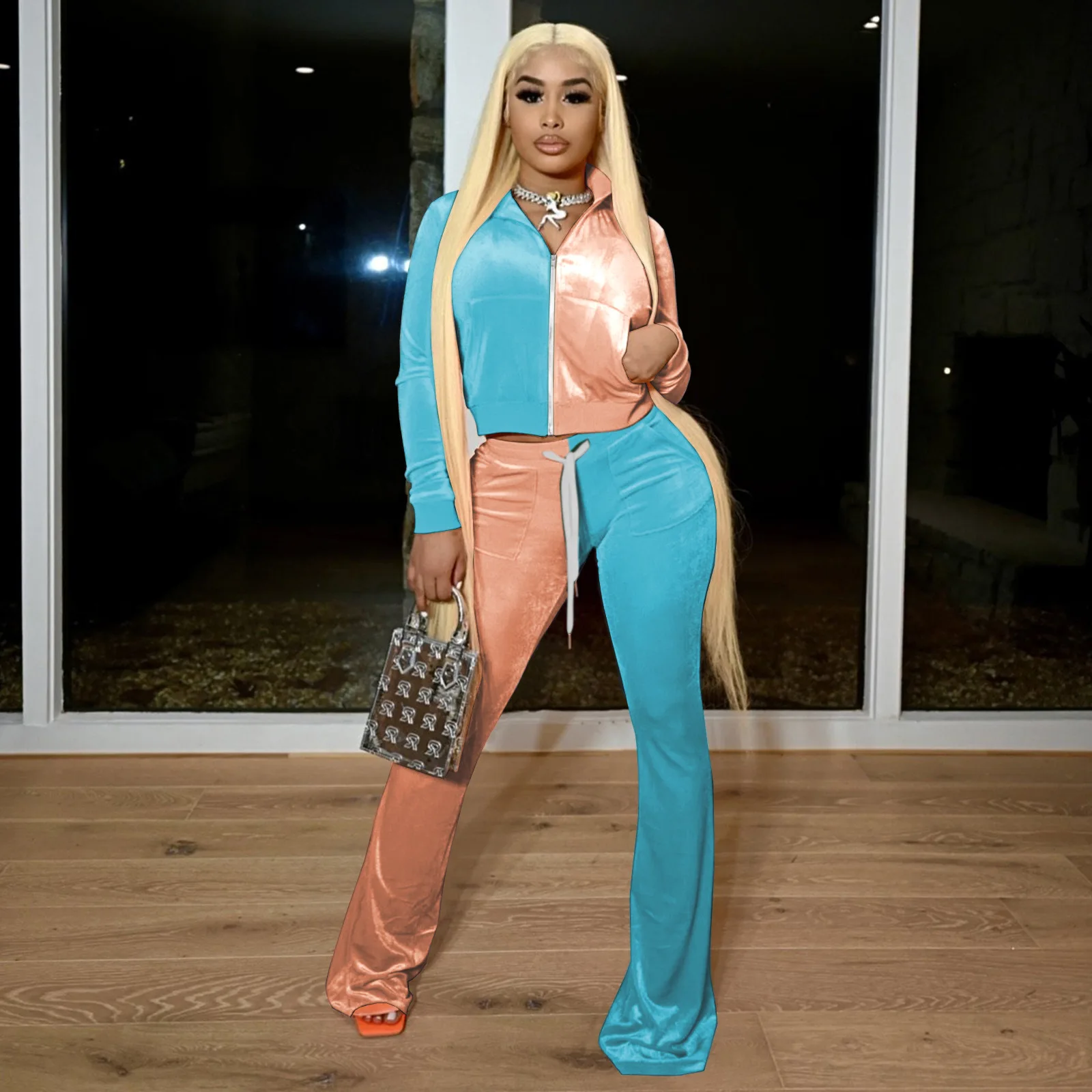 Winter Velvet Two Piece Set Women Purple Gold Tracksuit Zip Jacket Crop Top+Wide Leg Pants Sweatpants Matching Sets Casual Suits |