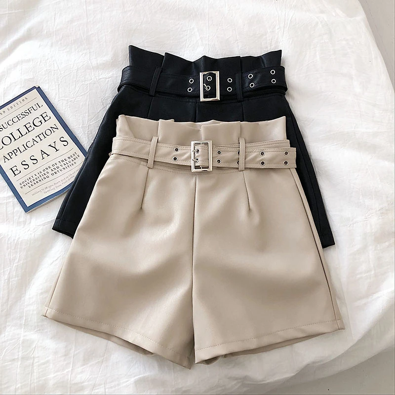 Женские кожаные шорты с высокой талией корейские модные короткие из
