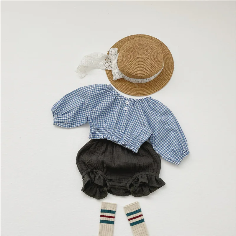 

Baby Girls Clothing Sets 2021 Spring Infant Baby Plaid Tops And Shorts Suits korean Fashion Infant Puff Sleeve Clothing